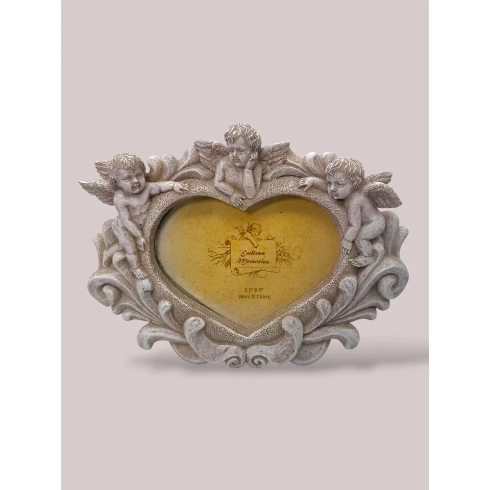 Vintage Cherub Heart Picture Frame Ornate Angel Resin Shabby Chic 3.5x5 Photo